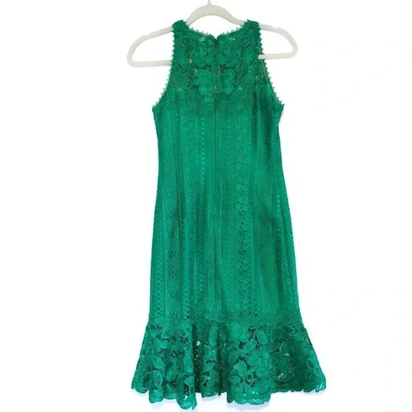 TADASHI SHOJI Jade Green Embroidered Lace Fluted Flare Midi Dress size 6P petite